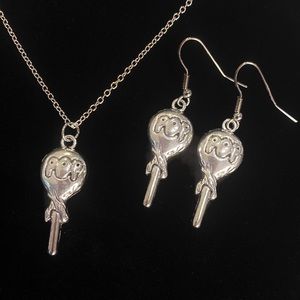 Lollipop Necklace Earrings Set Silver Tone